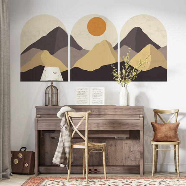 Contemporary Mountain Wall Decal, Removable Wall Decal, Mid Century Landscape Wall Decal, 3 Of Set Wall Art, Bedroom Abstract Wall Decal