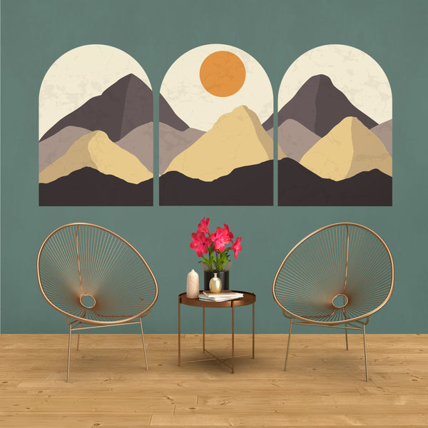 Contemporary Mountain Wall Decal, Removable Wall Decal, Mid Century Landscape Wall Decal, 3 Of Set Wall Art, Bedroom Abstract Wall Decal