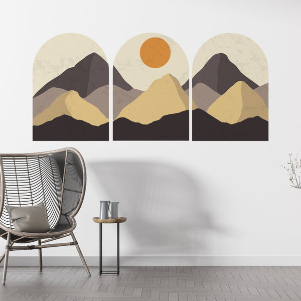 Contemporary Mountain Wall Decal, Removable Wall Decal, Mid Century Landscape Wall Decal, 3 Of Set Wall Art, Bedroom Abstract Wall Decal