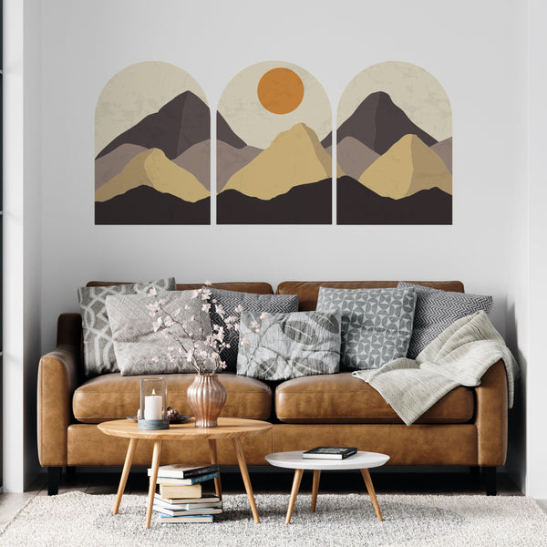 Contemporary Mountain Wall Decal, Removable Wall Decal, Mid Century Landscape Wall Decal, 3 Of Set Wall Art, Bedroom Abstract Wall Decal