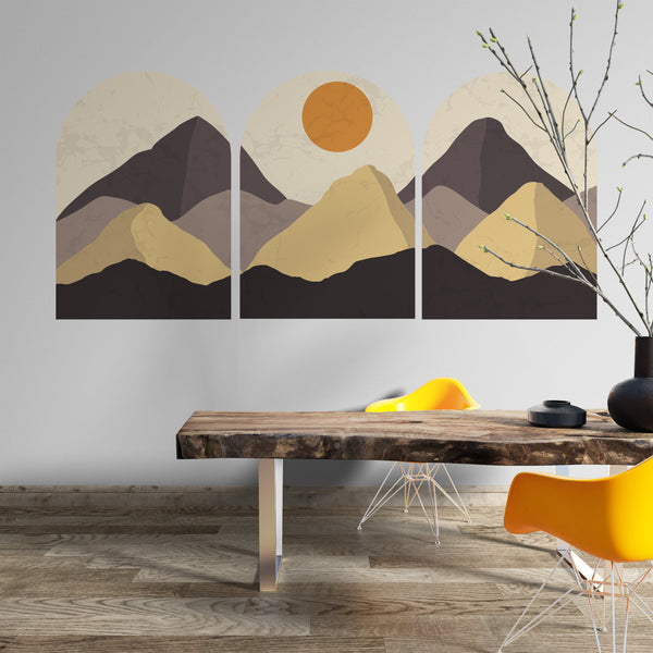 Contemporary Mountain Wall Decal, Removable Wall Decal, Mid Century Landscape Wall Decal, 3 Of Set Wall Art, Bedroom Abstract Wall Decal
