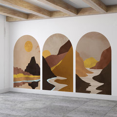 Golden Canyon Arch Wall Decal Set – Warm Earth & Sunlit Mountain Landscape