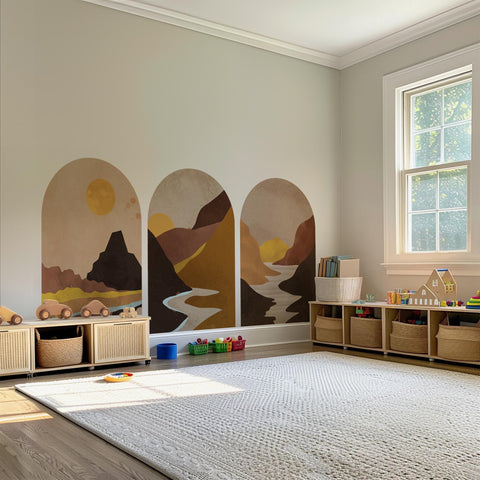 Golden Canyon Arch Wall Decal Set – Warm Earth & Sunlit Mountain Landscape