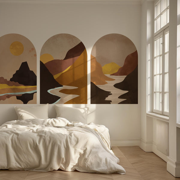 Golden Canyon Arch Wall Decal Set – Warm Earth & Sunlit Mountain Landscape