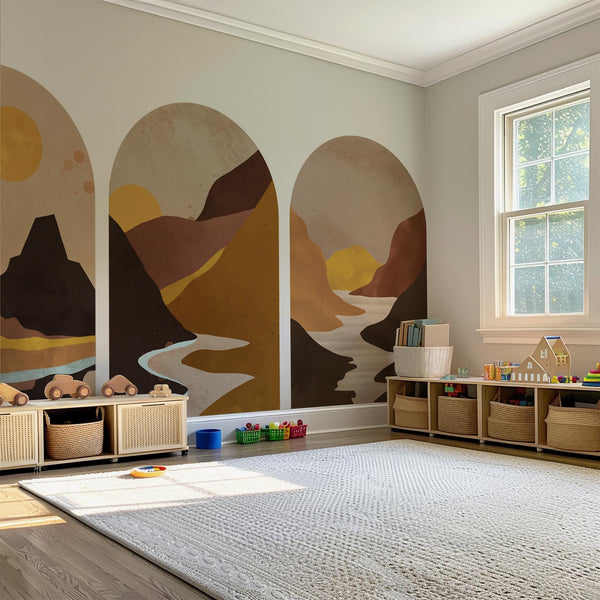 Golden Canyon Arch Wall Decal Set – Warm Earth & Sunlit Mountain Landscape