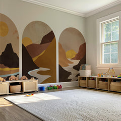 Golden Canyon Arch Wall Decal Set – Warm Earth & Sunlit Mountain Landscape
