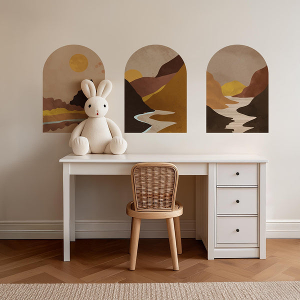 Golden Canyon Arch Wall Decal Set – Warm Earth & Sunlit Mountain Landscape