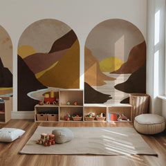 Golden Canyon Arch Wall Decal Set – Warm Earth & Sunlit Mountain Landscape