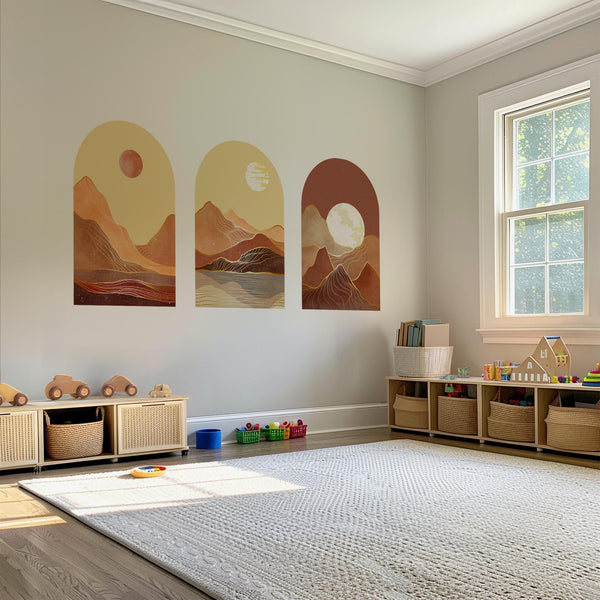 Golden Desert Arch Wall Decal Set – Warm Sunset & Moonlit Mountain Landscape