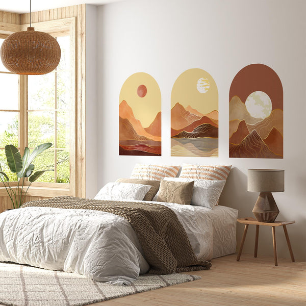 Golden Desert Arch Wall Decal Set – Warm Sunset & Moonlit Mountain Landscape