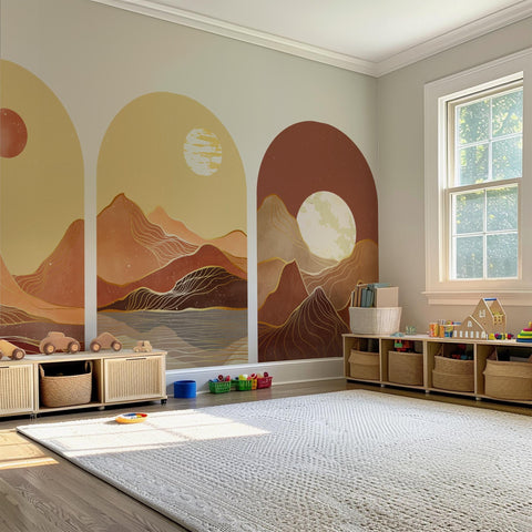 Golden Desert Arch Wall Decal Set – Warm Sunset & Moonlit Mountain Landscape