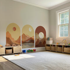 Golden Desert Arch Wall Decal Set – Warm Sunset & Moonlit Mountain Landscape