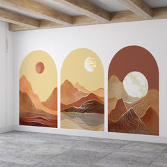 Golden Desert Arch Wall Decal Set – Warm Sunset & Moonlit Mountain Landscape