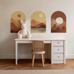 Golden Desert Arch Wall Decal Set – Warm Sunset & Moonlit Mountain Landscape