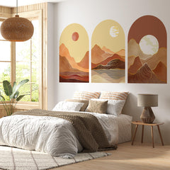 Golden Desert Arch Wall Decal Set – Warm Sunset & Moonlit Mountain Landscape