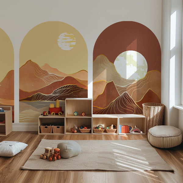 Golden Desert Arch Wall Decal Set – Warm Sunset & Moonlit Mountain Landscape