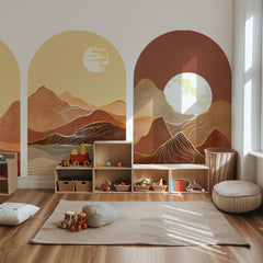 Golden Desert Arch Wall Decal Set – Warm Sunset & Moonlit Mountain Landscape