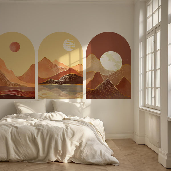 Golden Desert Arch Wall Decal Set – Warm Sunset & Moonlit Mountain Landscape