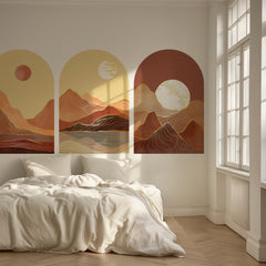 Golden Desert Arch Wall Decal Set – Warm Sunset & Moonlit Mountain Landscape