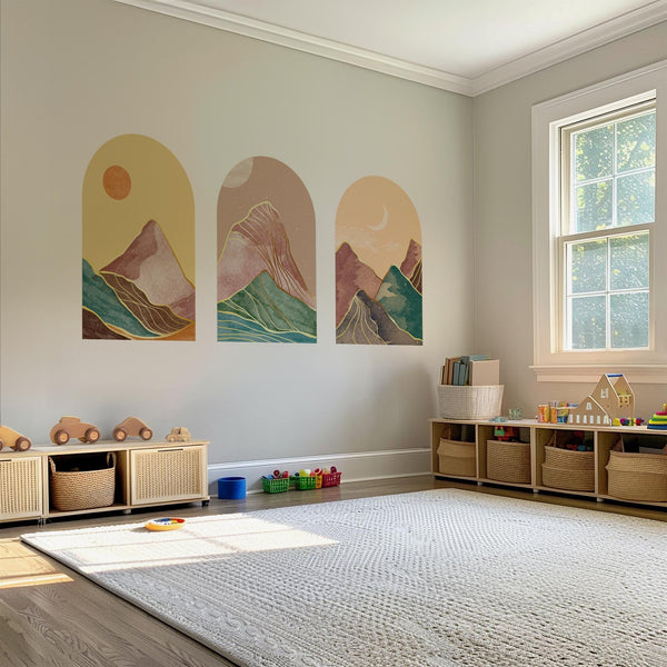 Golden Horizon Arch Wall Decal Set – Pastel Sunset & Emerald Mountain Mural