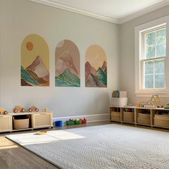 Golden Horizon Arch Wall Decal Set – Pastel Sunset & Emerald Mountain Mural