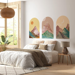 Golden Horizon Arch Wall Decal Set – Pastel Sunset & Emerald Mountain Mural