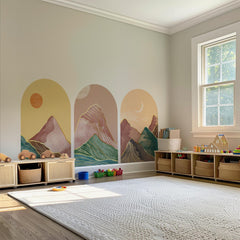 Golden Horizon Arch Wall Decal Set – Pastel Sunset & Emerald Mountain Mural