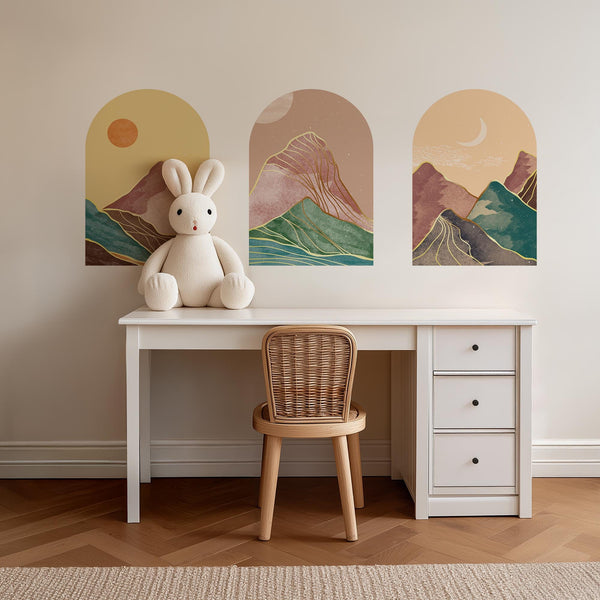 Golden Horizon Arch Wall Decal Set – Pastel Sunset & Emerald Mountain Mural