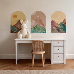 Golden Horizon Arch Wall Decal Set – Pastel Sunset & Emerald Mountain Mural