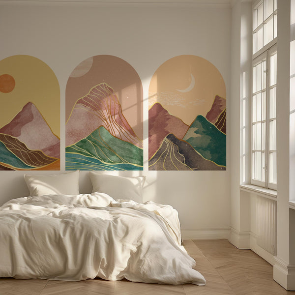 Golden Horizon Arch Wall Decal Set – Pastel Sunset & Emerald Mountain Mural