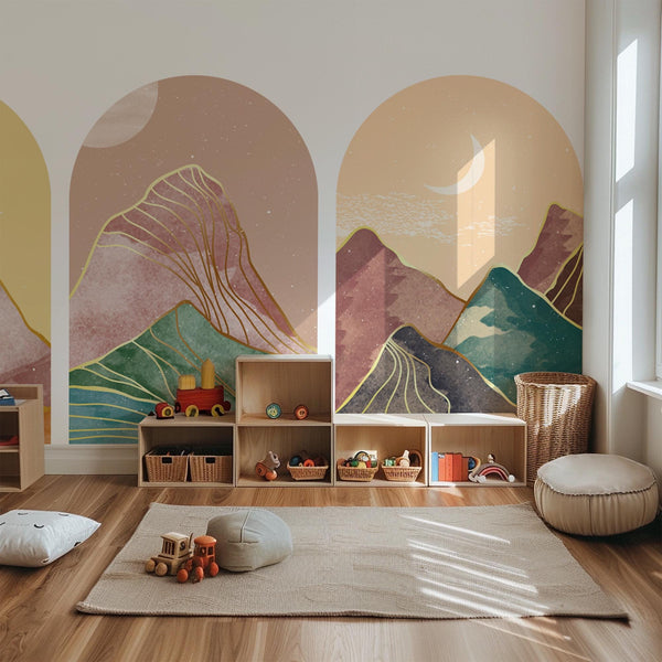 Golden Horizon Arch Wall Decal Set – Pastel Sunset & Emerald Mountain Mural