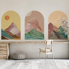 Golden Horizon Arch Wall Decal Set – Pastel Sunset & Emerald Mountain Mural