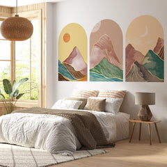 Golden Horizon Arch Wall Decal Set – Pastel Sunset & Emerald Mountain Mural