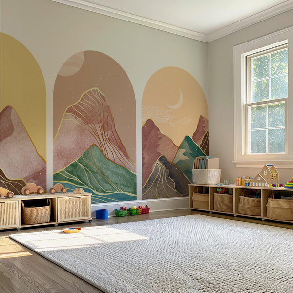 Golden Horizon Arch Wall Decal Set – Pastel Sunset & Emerald Mountain Mural