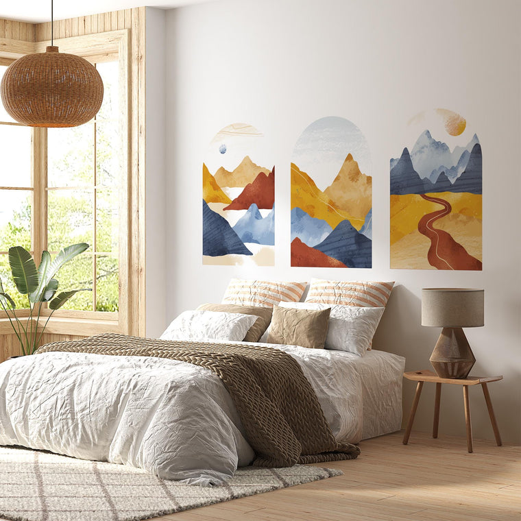 Golden Trail Arch Wall Decal Set – Warm Sunset & Blue Mountain Landscape