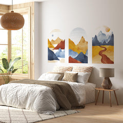 Golden Trail Arch Wall Decal Set – Warm Sunset & Blue Mountain Landscape