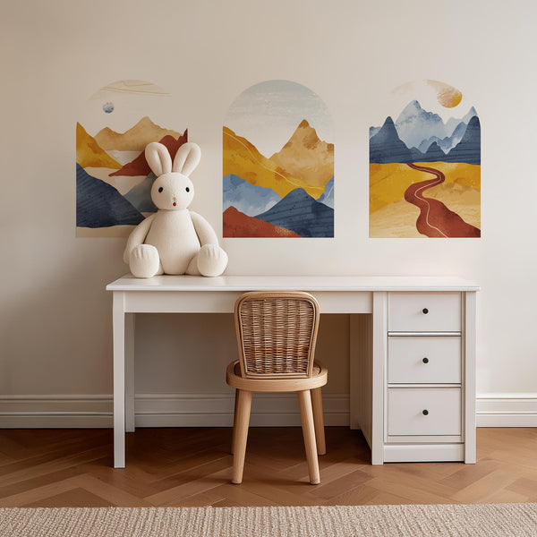 Golden Trail Arch Wall Decal Set – Warm Sunset & Blue Mountain Landscape