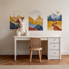 Golden Trail Arch Wall Decal Set – Warm Sunset & Blue Mountain Landscape