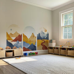 Golden Trail Arch Wall Decal Set – Warm Sunset & Blue Mountain Landscape