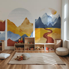 Golden Trail Arch Wall Decal Set – Warm Sunset & Blue Mountain Landscape