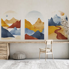 Golden Trail Arch Wall Decal Set – Warm Sunset & Blue Mountain Landscape