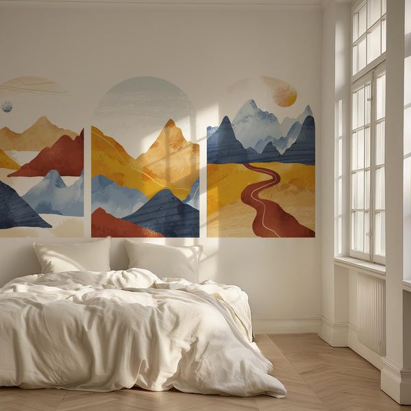 Golden Trail Arch Wall Decal Set – Warm Sunset & Blue Mountain Landscape