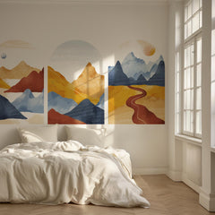 Golden Trail Arch Wall Decal Set – Warm Sunset & Blue Mountain Landscape