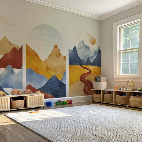 Golden Trail Arch Wall Decal Set – Warm Sunset & Blue Mountain Landscape