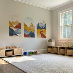 Golden Trail Arch Wall Decal Set – Warm Sunset & Blue Mountain Landscape