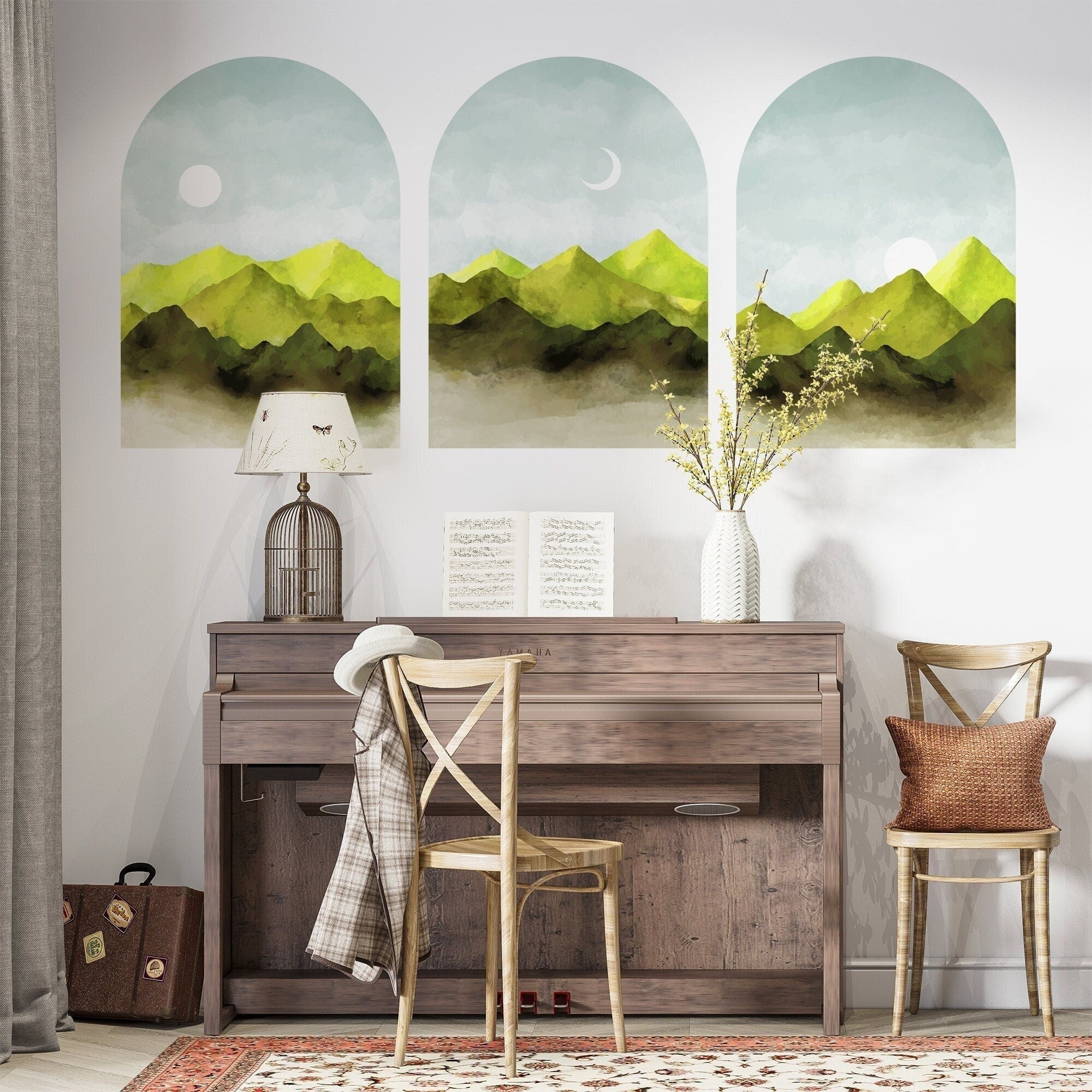 Green Mountain Wall Decal: Boho Sunset Art, Set of 3