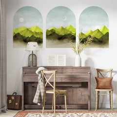 Green Mountain Wall Decal: Boho Sunset Art, Set of 3