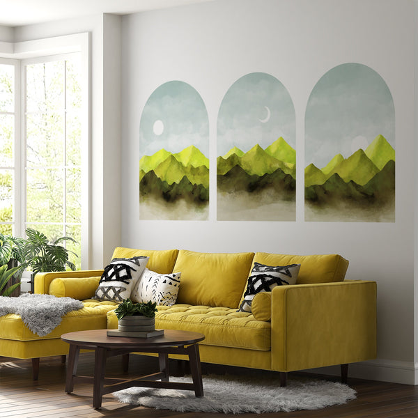 Green Mountain Wall Decal: Boho Sunset Art, Set of 3