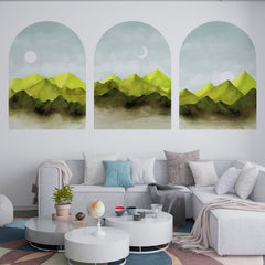 Green Mountain Wall Decal: Boho Sunset Art, Set of 3