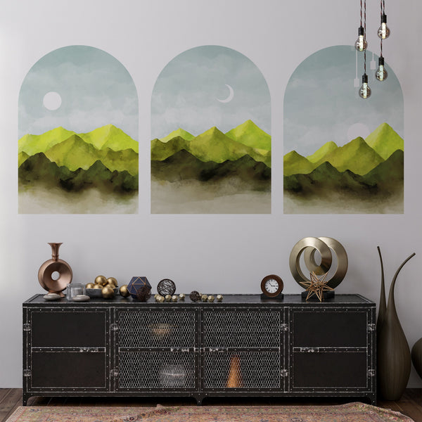 Green Mountain Wall Decal: Boho Sunset Art, Set of 3